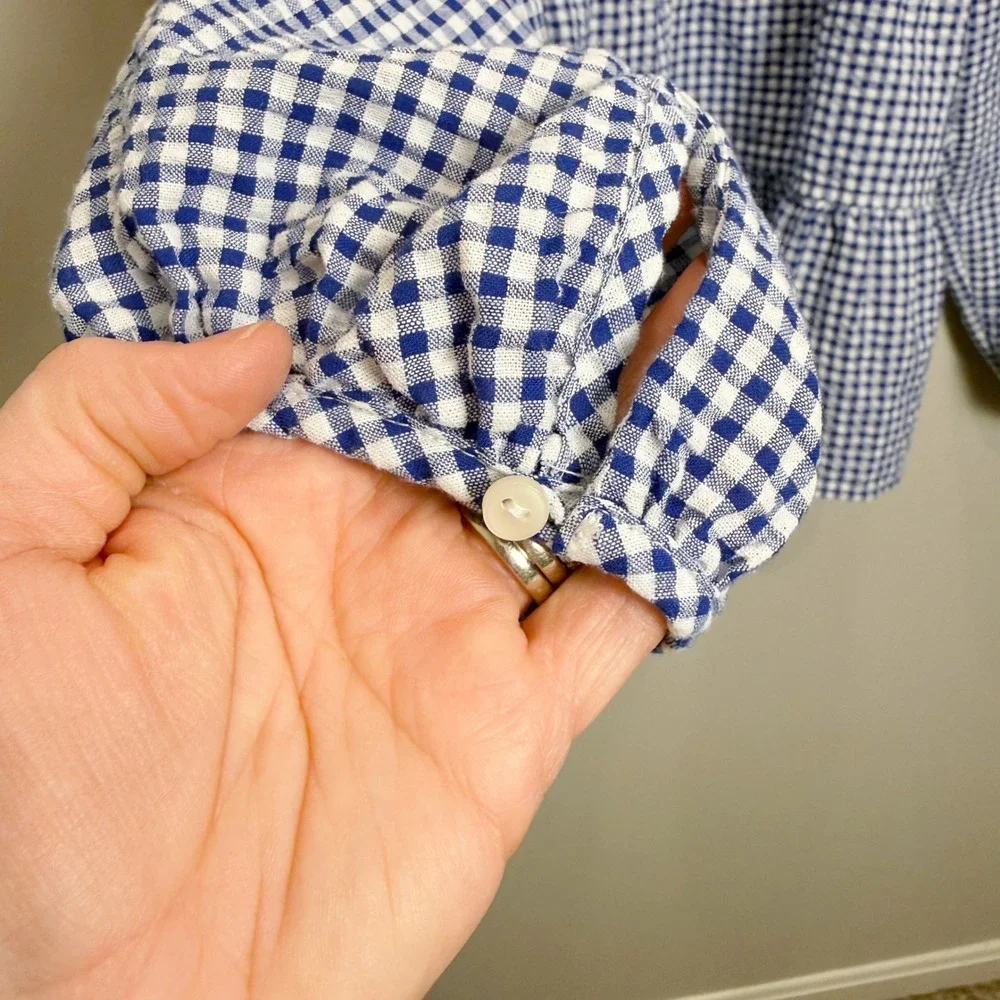 Old Navy M Tiered Blue Gingham Seersucker Long‎ Sleeve Top Puff Sleeve Wide Neck